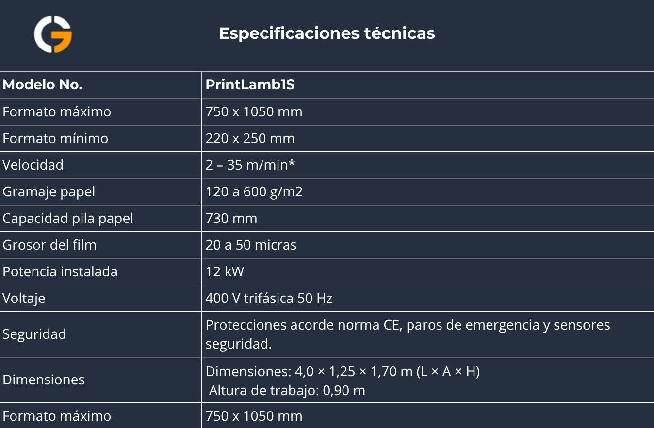 Especificaciones PrintLamB1S